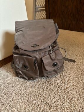 Coach Taupe Nylon Drawstring Backpack with Front Pockets